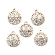 Alloy Crystal Rhinestone Pendants, Flat Round with Hollow Out Butterfly Charms, Light Gold, 20.5x17x2.6mm, Hole: 1.8mm(ALRI-C007-63LG)