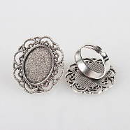 Vintage Adjustable Iron Flower Finger Ring Components Alloy Cabochon Bezel Settings, Cadmium Free & Lead Free, Antique Silver, Oval Tray: 13x18mm, 17mm(PALLOY-O036-19AS)