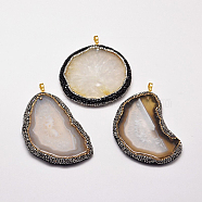 Dyed Natural Agate Pendants, with Golden Plated Brass Findings and Czech Rhinestone, Mixed Shapes, Mixed Color, 65~110x47~78x4~6mm, Hole: 3x8mm(G-J308-10)