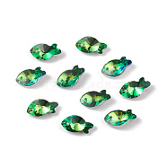 Electroplate Transparent Glass Pendants, Back Plated, Faceted, Fish Charms, Green, 17x9x5.5~6mm, Hole: 1.2mm(GLAA-A008-09C)