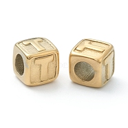 304 Stainless Steel European Beads, Large Hole Beads, Horizontal Hole, Cube with Letter, Golden, Letter.T, 8x8x8mm, Hole: 4mm(STAS-H145-01T-G)