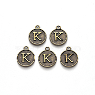 Alloy Pendant Cabochon Settings, For Enamel, Cadmium Free & Lead Free, Flat Round with Letter, Antique Bronze, Letter.K, 14x12x2mm, Hole: 1.5mm(PALLOY-N156-01K-AB)
