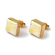 Glass Square Stud Earrings, 304 Stainless Steel Jewelry for Women, Real 18K Gold Plated, 11x11mm(EJEW-Q781-20G)