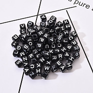 Black Craft Acrylic Letter Beads, Cube with White Mixed Letter, 5.5~6x5.5~6x5.5~6mm, Hole: 3mm, about 100pcs/bag(SACR-YW0001-18)