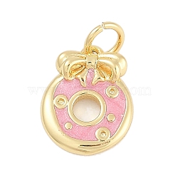 Brass Enamel Charms, with Jump Ring, Donut with Bowknot Charms, Long-Lasting Plated, Lead Free & Cadmium Free, Rack Plating, Real 18K Gold Plated, Pink, 13x10.5x3mm, Hole: 3mm(KK-Q028-12A-G)