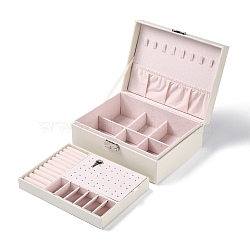 PU Imitation Leather Jewelry Organizer Box with Lock, Double Stackable Jewelry Case for Earrings, Ring, and Necklace, Rectangle, White, 23x17.5x8.9cm(CON-P016-B04)