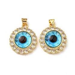 Real 18K Gold Plated Brass Pendants, with Glass and Acrylic, Flat Round with Evil Eye Charms, Deep Sky Blue, 23.5x20x7mm, Hole: 4x3.5mm(KK-L209-008G-05)