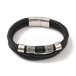 Braided Microfiber Leather Multi-strand Bracelets, 304 Stainless Steel Column Bracelets for Men, Black, 8-5/8 inch(22cm)(BJEW-B096-07A)