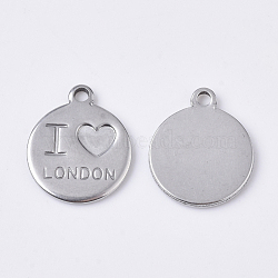 201 Stainless Steel Charms, Flat Round with Word I Love LONDON, Antique Silver, 14x12x1mm, Hole: 1.4mm(STAS-S105-T749)