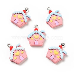 Christmas Opaque Resin Pendants, with Platinum Tone Iron Loops, House Charm, Pink, 26x20x6mm, Hole: 2x2.6mm(X-RESI-G043-B01)