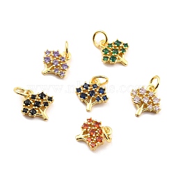 Brass Micro Pave Cubic Zirconia Charms, Real 18K Gold Plated, Cadmium Free & Lead Free, Tree, Mixed Color, 11x10x2mm, Hole: 3.8mm(KK-A156-11G-RS)