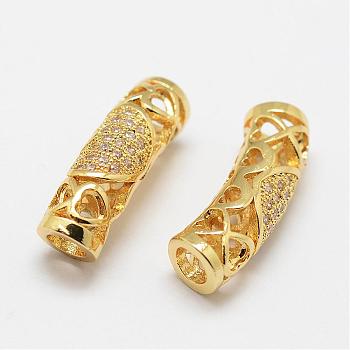 Brass Micro Pave Cubic Zirconia Tube Beads, Lead Free & Nickel Free, Golden, 21.5x7x6.1mm, Hole: 3.5mm