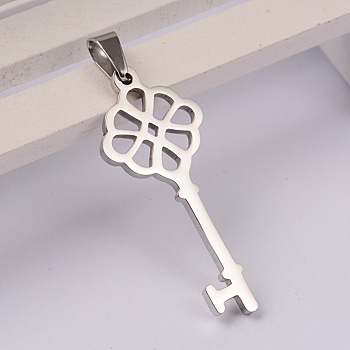 Key 304 Stainless Steel Pendants, Stainless Steel Color, 37x15.5x2mm, Hole: 7x4mm