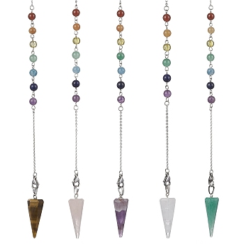 Natural Mixed Gemstone Pointed Dowsing Pendulums, with 304 Stainless Steel Cable Chains, Faceted, Hexagonal Cone Charm, 250~260mm, Hole: 2mm, Pendants: 36x14x12.5mm