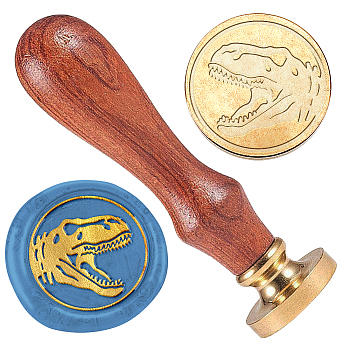 Wax Seal Stamp Set, 1Pc Golden Tone Sealing Wax Stamp Solid Brass Head, with 1Pc Wood Handle, for Envelopes Invitations, Gift Card, Dinosaur, 83x22mm, Stamps: 25x14.5mm