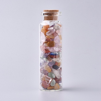 Glass Wishing Bottle, For Pendant Decoration, with Gemstone Chip Beads Inside and Cork Stopper, 22x71mm