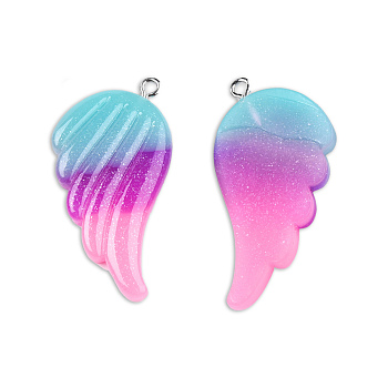 Tricolor Opaque Resin Pendants, Wing Charms, with Platinum Plated Iron Loops and Glitter Powder, Medium Orchid, 41x30x4mm, Hole: 2mm