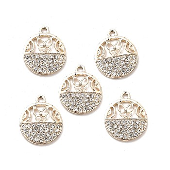 Alloy Crystal Rhinestone Pendants, Flat Round with Hollow Out Butterfly Charms, Light Gold, 20.5x17x2.6mm, Hole: 1.8mm