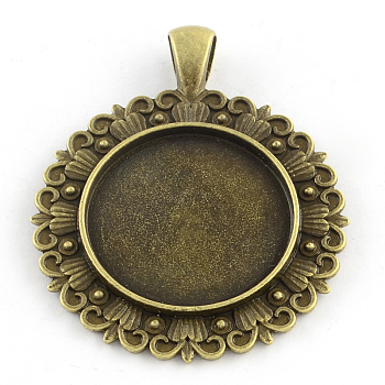 Tibetan Style Flower Alloy Pendant Cabochon Settings, Cadmium Free & Nickel Free & Lead Free, Antique Bronze, Tray: 25mm, 48x39x2.5mm, Hole: 6x4mm, about 116pcs/1000g