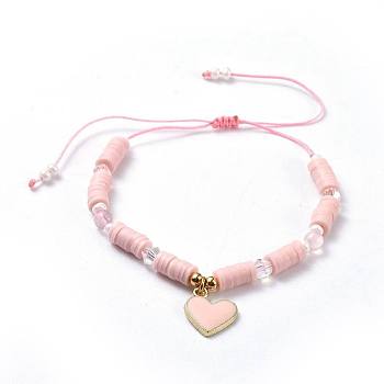 Adjustable Nylon Thread Braided Beads Bracelets, with Natural Rose Quartz Beads, Faceted Glass Beads, Polymer Clay Heishi Beads and Alloy Enamel Charm, Heart, 1-3/8 inch~3 inch(3.5~7.6cm), 4mm