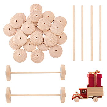 Unfinished Schima Wood Vehicle Wheels & Birch Wood Stick Sets, Toy Making Accessories, Cornsilk, Wheel: 4.5x1.3cm, Hole: 5mm, Sticks: 15x0.48cm