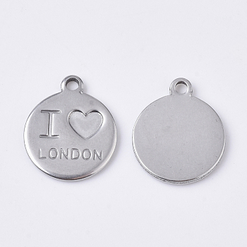 201 Stainless Steel Charms, Flat Round with Word I Love LONDON, Antique Silver, 14x12x1mm, Hole: 1.4mm
