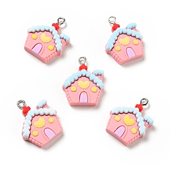 Christmas Opaque Resin Pendants, with Platinum Tone Iron Loops, House Charm, Pink, 26x20x6mm, Hole: 2x2.6mm