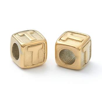 304 Stainless Steel European Beads, Large Hole Beads, Horizontal Hole, Cube with Letter, Golden, Letter.T, 8x8x8mm, Hole: 4mm