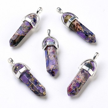 Synthetic Regalite/Imperial Jasper/Sea Sediment Jasper Pointed Pendants, with Brass Findings, Dyed, Bullet, Silver, Dark Violet, 35~41x12.8x10mm, Hole: 3x4mm