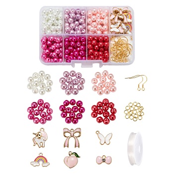 DIY Earrings Making Kits, Including 300Pcs 6 Colors Baking Painted Pearlized Glass Pearl Round Beads, 12Pcs 6 Style Alloy Enamel Pendants, 304 Stainless Steel Earrings Hooks & Jump Rings, Elastic Crystal Thread, Mixed Color, Beads: 6~7mm, Hole: 1mm, 50pcs/color