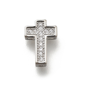 Brass Micro Pave Cubic Zirconia Beads, Cross, Rack Plating, Cadmium Free & Lead Free, Long-Lasting Plated, Platinum, 10.5x7.5x3mm, Hole: 1x1mm
