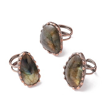 Natural Labradorite Irregular Nugget Open Cuff Ring, Red Copper Brass Wire Wrap Chunky Ring for Women, Cadmium Free & Lead Free, US Size 7 1/4(17.5mm)