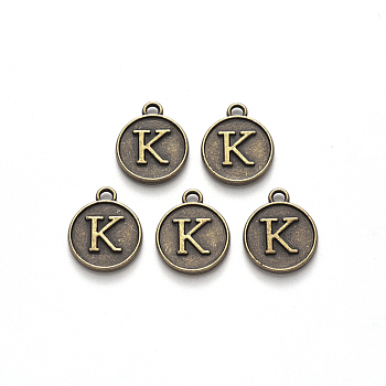 Alloy Pendant Cabochon Settings, For Enamel, Cadmium Free & Lead Free, Flat Round with Letter, Antique Bronze, Letter.K, 14x12x2mm, Hole: 1.5mm