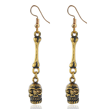 Alloy Dangle Earrings, Skull with Bone, Antique Golden, 45mm