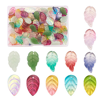 120Pcs 12 Style Glass Pendants, Leaf, Mixed Color, 17.5~18x10~11x2.9~3mm, hole: 1.2mm