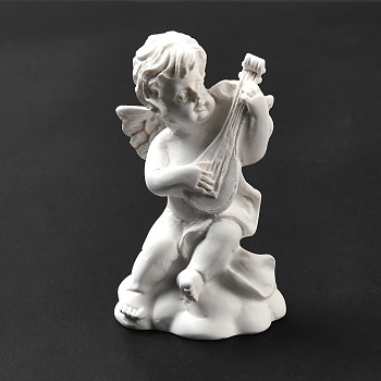 Resin Imitation Plaster Sculptures, Figurines, Home Display Decorations, Angel with Guitar, White, 38x39x63.5mm