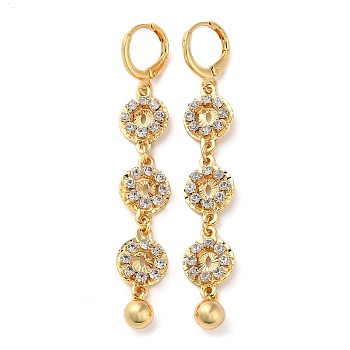 Rhinestone Flat Round Leverback Earrings, Brass Long Drop Earrings for Women, Light Gold, 67x10mm