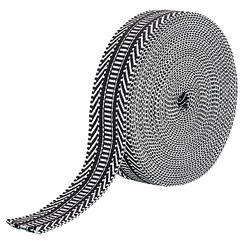 10 Yards Polyester Jacquard Ribbons, Tyrolean Ribbon, Stripe Pattern, Black, 1-1/2 inch(38mm)