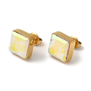 Glass Square Stud Earrings, 304 Stainless Steel Jewelry for Women, Real 18K Gold Plated, 11x11mm