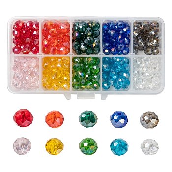 10 Colors Electroplate Glass Beads, AB Color Plated, Faceted, Rondelle, Mixed Color, 8x6mm, Hole: 1mm, 10 colors, 30pcs/color, 300pcs/box