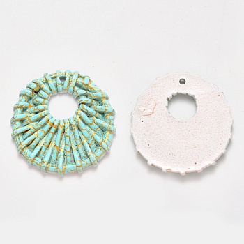 Resin Pendants, Imitation Woven Rattan Pattern, Flat Round, Pale Turquoise, 42x41.5x4mm, Hole: 2.5mm
