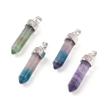 Natural Bullet Fluorite Pointed Pendants, with Polymer Clay Rhinestone & Platinum Tone Brass Findings, 35~40x10mm, Hole: 7x5mm