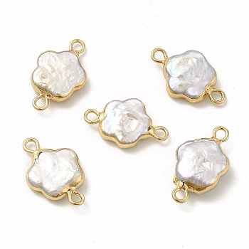Baroque Natural Keshi Pearl Connector Charms, Flower Links, with Brass Double Loops, Light Gold, 19~20x11~12x3~6mm, Hole: 1.6mm