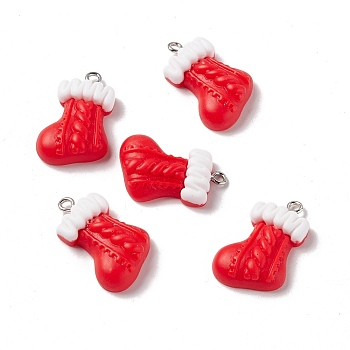 Christmas Theme Opaque Resin Pendants, with Platinum Tone Iron Findings, Christmas Socks, Red, 26x16.5x6.5mm, Hole: 2mm