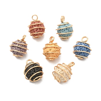 Unwaxed Natural Lava Rock Pendants, with Real 18K Gold Plated Eco-Friendly Copper Wire, Round, 18.5x14~15mm, Hole: 4mm