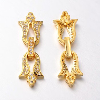 Flower Brass Micro Pave Cubic Zirconia Fold Over Clasps, Lead Free & Nickel Free, Golden, 39x13x5mm, Hole: 2x1mm