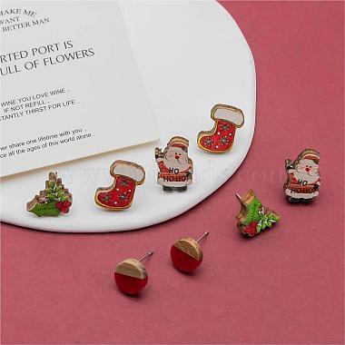 4 Pairs Santa Claus & Holly Leaves & Christmas Socking Printed Wood Stud Earrings(EJEW-OY001-02)-3