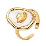 Oval with Shell Shape Resin Finger Rings, 304 Stainless Steel Open Cuff Rings for Women, Golden, 22.5mm, Adjustable(STAS-Z101-07G-01)