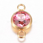 Glass Links connectors, Faceted, with 304 Stainless Steel Findings, Flat Round, Golden, Rose, 17.5x10x6.5mm, Hole: 2.5mm(GLAA-G018-G07)