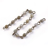Handmade Natural Labradorite Beads Chains, Unwelded, with Brass Eye Pin, Round, Faceted, Antique Bronze, 12~12.5x4~4.5mm, about 39.37 inch(1m)/strand(AJEW-JB00455-01)